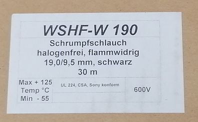 Woer WSHF-W190 Schrumpfschlauch 19/9,5mm 2:1 halogenfrei/flammwidrig schwarz 600V