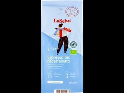 LaSelva 6x Espresso "Libero" - Röstkaffee ganze Bohne, entkoffeiniert 250g