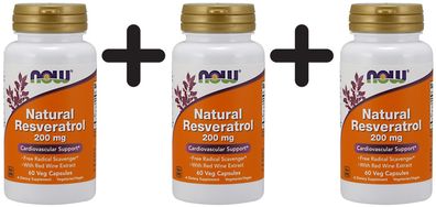 3 x NOW Foods Natural Resveratrol, 200mg with Red Wine Extract - 60 vcaps