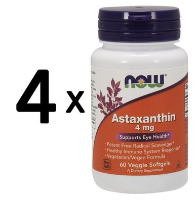 4 x NOW Foods Astaxanthin, 4mg - 60 veggie softgels