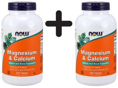 2 x NOW Foods Magnesium & Calcium with Zinc and Vitamin D3 - 250 tablets