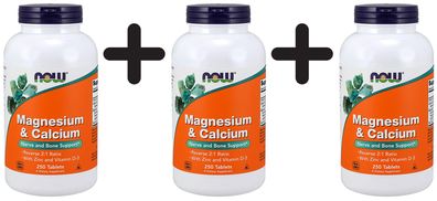 3 x NOW Foods Magnesium & Calcium with Zinc and Vitamin D3 - 250 tablets