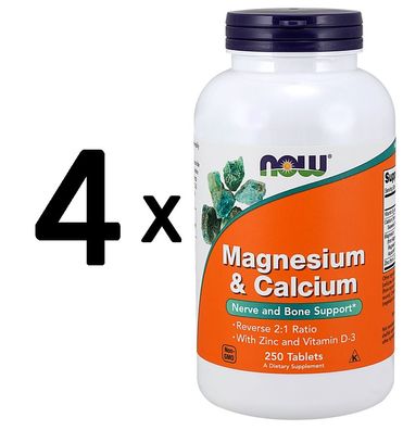 4 x NOW Foods Magnesium & Calcium with Zinc and Vitamin D3 - 250 tablets