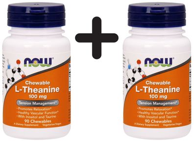 2 x NOW Foods L-Theanine Chewable, 100mg with Inositol and Taurine - 90 chewables