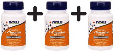 3 x NOW Foods L-Theanine Chewable, 100mg with Inositol and Taurine - 90 chewables