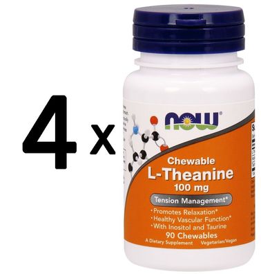 4 x NOW Foods L-Theanine Chewable, 100mg with Inositol and Taurine - 90 chewables