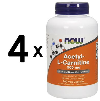 4 x NOW Foods Acetyl L-Carnitine, 500mg - 200 vcaps