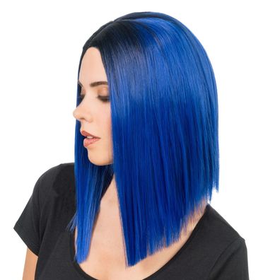 Damen Perücke Aya blau schwarz mittellang Wig Karneval Festival Fasching