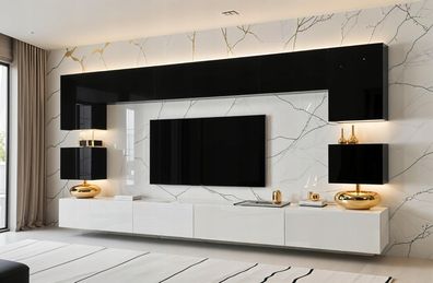 Wohnwand RIVA Schwarz und Weiß Hochglanz/Weiß u. Schwarz Mediawand LED Beleuchtung