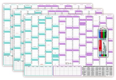 3 Stück Schuljahreskalender 2025/2026 DIN B1 700 x 1000mm abwischbar + Stifteset