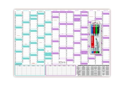Schuljahreskalender 2025/2026 DIN B1 (700 x 1000mm) abwischbar + Stifteset