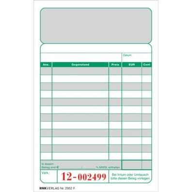 RNK Verlag 2952F Kassenzettelblock, oben geheftet