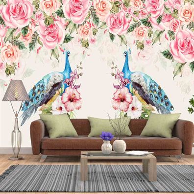 Vlies Fototapete Wandtapete Wandbilder Tapeten Pfau Blumen Tapete 1691