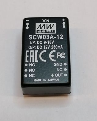 Mean Well SCW03A-12 DC/DC-Wandler 9-18V: + 12V 250mA 3W