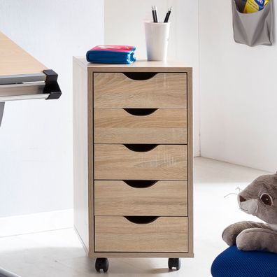 Rollcontainer – Sonoma MDF, 33x64x38cm, 5 Schubladen, Rollen, modern