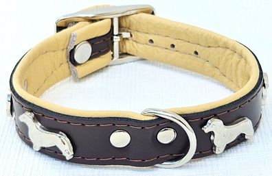 DACKEL Hundehalsband, LEDER, Halsumfang 23-27cm, (22mm breit) BRAUN/Beige NEU