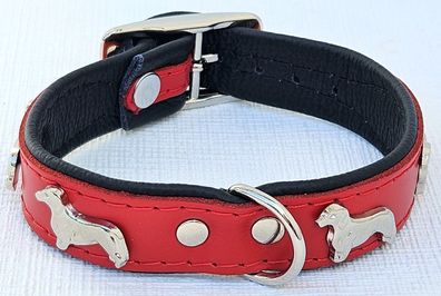 DACKEL Hundehalsband, LEDER, Halsumfang 23-27cm, (22mm breit) ROT/Schwarz NEU