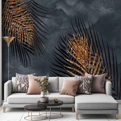 Vlies Fototapete Wandtapete Wandbilder Abstrakte Goldene Tropische Pflan 10074