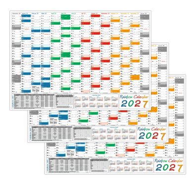 3 Stück Rainbow Wandkalender Wandplaner 2027 gerollt DIN A1 Format 594 x 841 mm