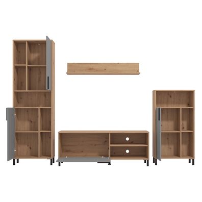 Wohnwand Schrankwand Holz Eiche Weiß Grau Anbauwand Wohnzimmer-Set 4