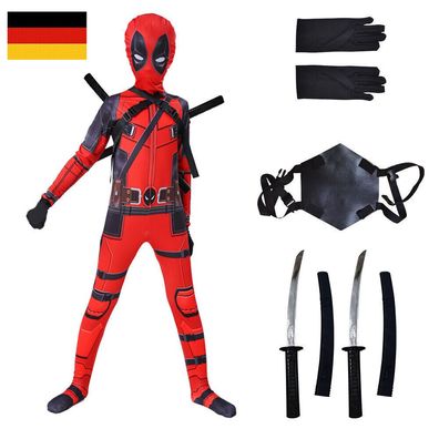Karneval Cosplay Deadpool Kostum Kinder Jungen Jumpsuit Maske Outfit Overall DE