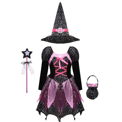 Kinder Madchen Halloween Hexen Kostum Cosplay Glanzend Kleid+Hut + Tasche Outfit
