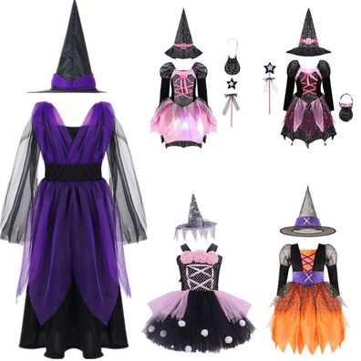 Kinder Madchen Hexe Cosplay Kostum Halloween Karneval Party Kleid mit Hut Outfit