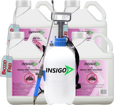 INSIGO 4x5L + 5L Sprüher Mottenspray Mottenmittel Kleidermotten Mottenschutz Abwehr