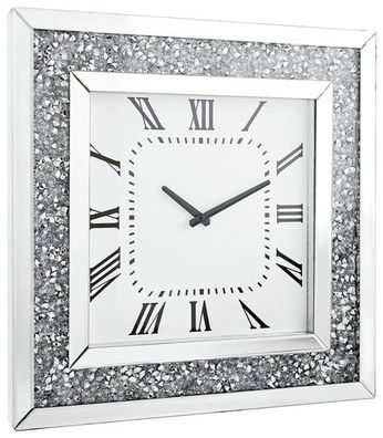 Wanduhr Nayini 35x35 cm Geräuschlos Quadratisch Silber Strasssteine Spiegelglas