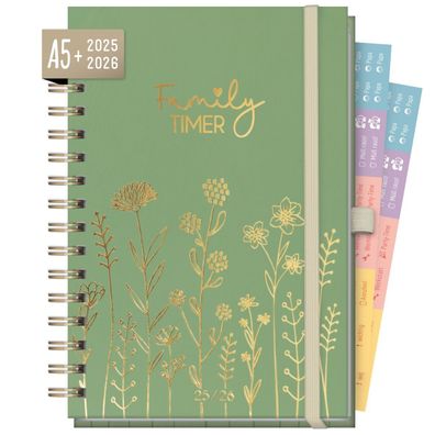 Family-Timer 2025/2026 Deluxe / 18 Monate / Fine Flowers Green / Häfft Verlag