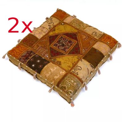 2x Dekokissen Bodenkissen 60x60 cm Patchwork Chaibate Braun Boho Living NEU