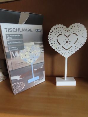 Tischlampe Herz weiß mit 20 warmweiße LEDs Batteriebetrieben ProVida