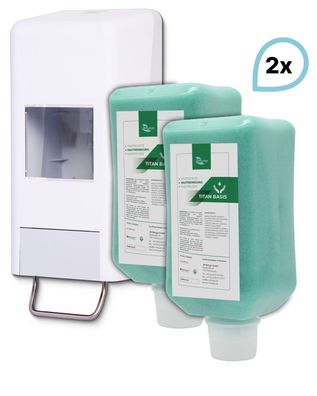 SET: Softflaschenspender 2.000 ml + 2x 2L-Vakuumflaschen Handreinigungspaste viskose,