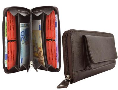 Große Damenbörse 1 Reißverschluss rundum mit Außentasche Vollrind Leder dunkelbr