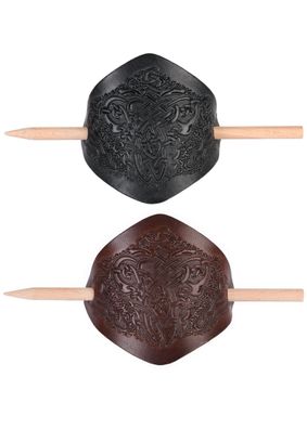 Kleine Haarspange aus Leder mit keltischem Motiv & Holzstift