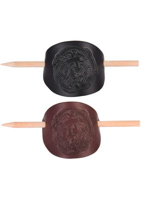 Kleine Haarspange aus Leder mit Wikinger-Motiv & Holzstift