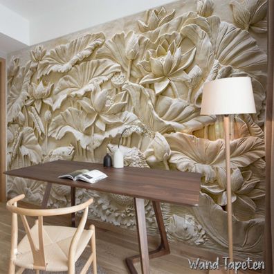 Vlies Fototapete Wandtapete Wandbilder 3D Steinskulptur Lotuskarpfenrelief 3086