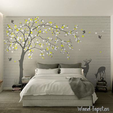 Vlies Fototapete Wandtapete Wandbilder Blühender Baum Fliegende Vögel 3098