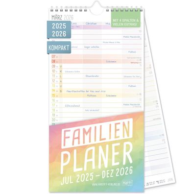 Familienplaner 2025/2026 Kompakt / 18 Monate / 4-spaltig / Rainbow / Häfft-Verlag