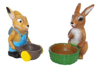 Osterhasen mit Karre, Korb Satz 2 Gartenfiguren zum Bepflanzen Kunststoff H 38-40 cm