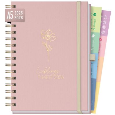 Lieblings-Timer Deluxe 2025/2026 / Ringbuch-Kalender / Rosé Canvas / Häfft-Verlag