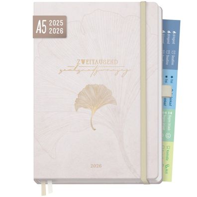 Chäff-Timer Premium 2025/2026 / 18 Monate / A5 / Beige Ginkgo / Häfft-Verlag