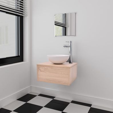 vidaXL 4-tlg. Badmöbel-Set mit Waschbecken und Wasserhahn Beige