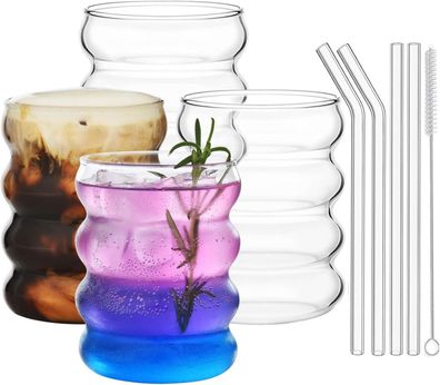 Gerippte Trinkgläser mit Glasstrohhalmen 4er Set 350ml Wave Gläser Tumbler