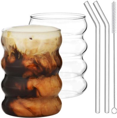 ALINK 350ml Gerippte Trinkgläser Set of 2 Glass Straws Wave Cocktail