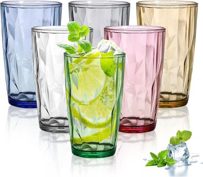 6er Set Große Trinkgläser 470 ml - Bunte Acrylbecher Kristallglas-Optik