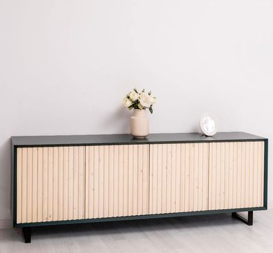 Tv-Sideboard mit Skandi-Lamellentüren ozeanblau / weiß geölt