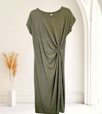 Italy 34 36 38 Sommerkleid Midikleid mit Raffung leicht gerippt Viskose Khaki