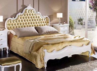 Casa Padrino Luxus Barock Doppelbett Gold / Weiß - Prunkvolles Massivholz Bett - Baro