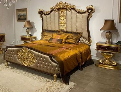 Casa Padrino Luxus Barock Schlafzimmer Set Silber / Dunkelbraun / Gold - 1 Doppelbett